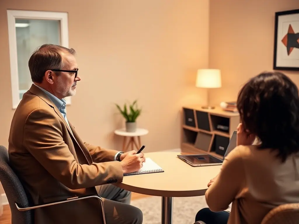A business coach providing personalized guidance to a client during a one-on-one mentoring session, focusing on goal setting and personal development.