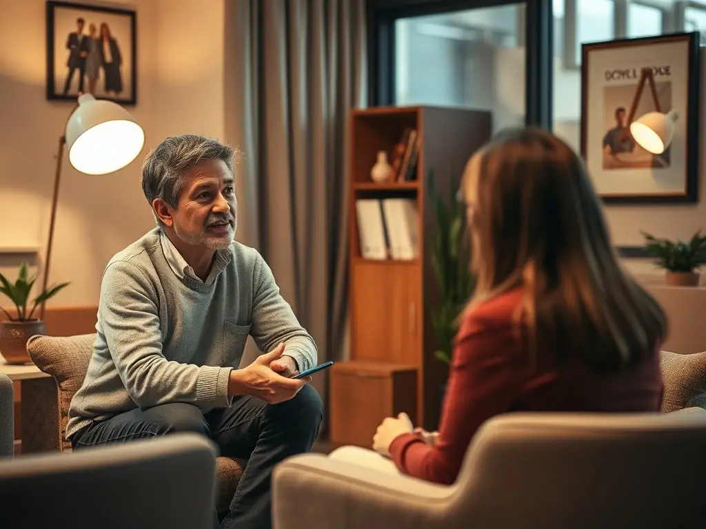 A business coach is conducting a one-on-one mentoring session with a client, providing personalized guidance and support. The setting is a quiet and professional office environment.