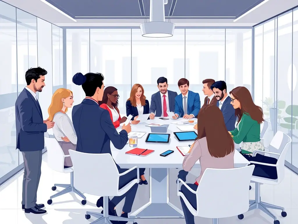 A diverse group of professionals participating in an interactive workshop, actively engaged in a team-building exercise.