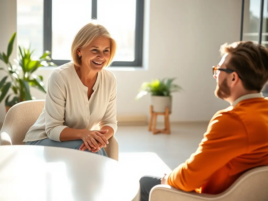 A professional business coach in a modern office setting, reviewing strategic plans with a client, both smiling and engaged in a positive discussion.